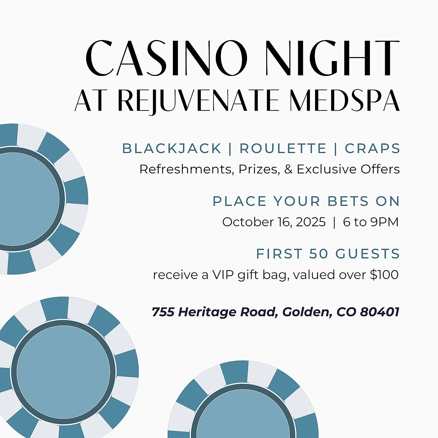 Casino night event details at Rejuvenate Medspa